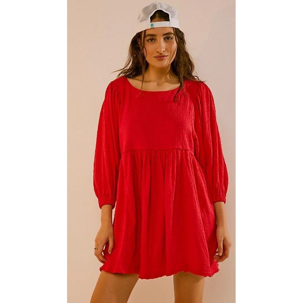 Free‎ People Get Obsessed Babydoll Dress Mini Cotton Gauze Oversized Boho Red S